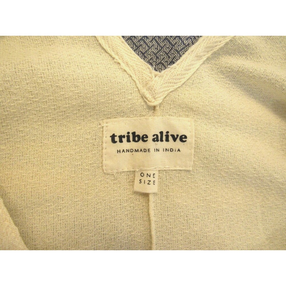 Womens OS Cream Blue Stripes Fringe Poncho Beach Caftan Coverup Boho Tribe Alive - Picture 7 of 11